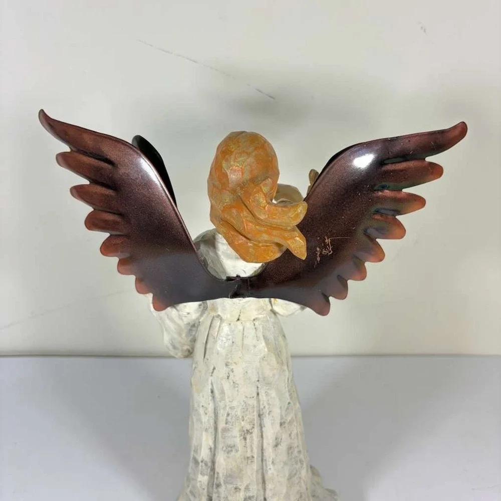 Angel‎ Sculpture Carved Wood Copper Metal Wings With Small Dove 11